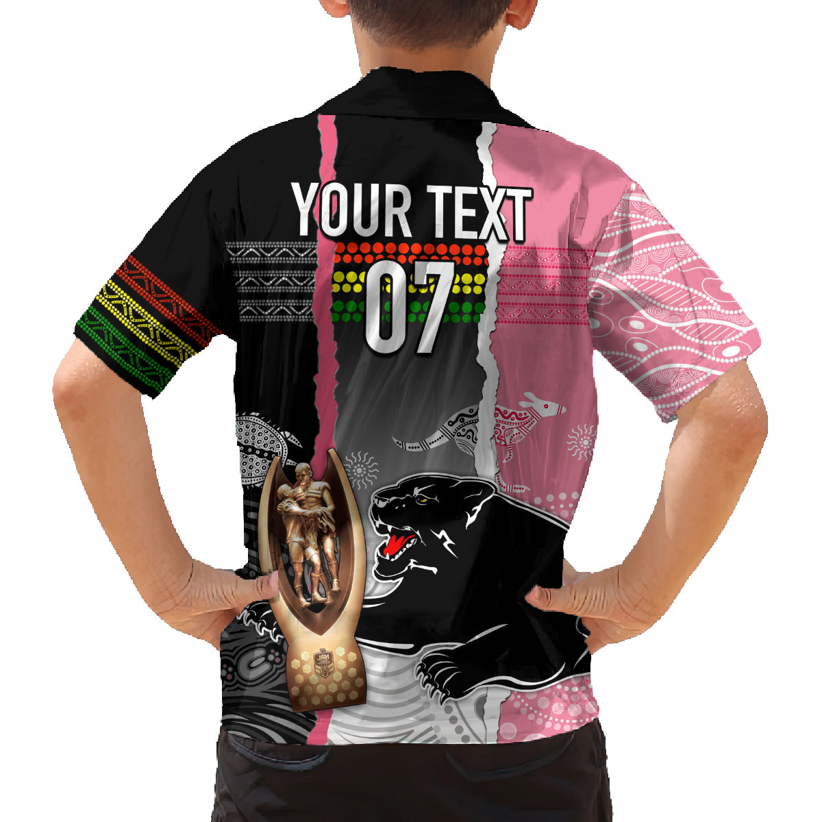 personalised-panther-rugby-nrl-premiers-family-matching-off-shoulder-maxi-dress-and-hawaiian-shirt-panther-pride-black-pink-aboriginal-mix-art