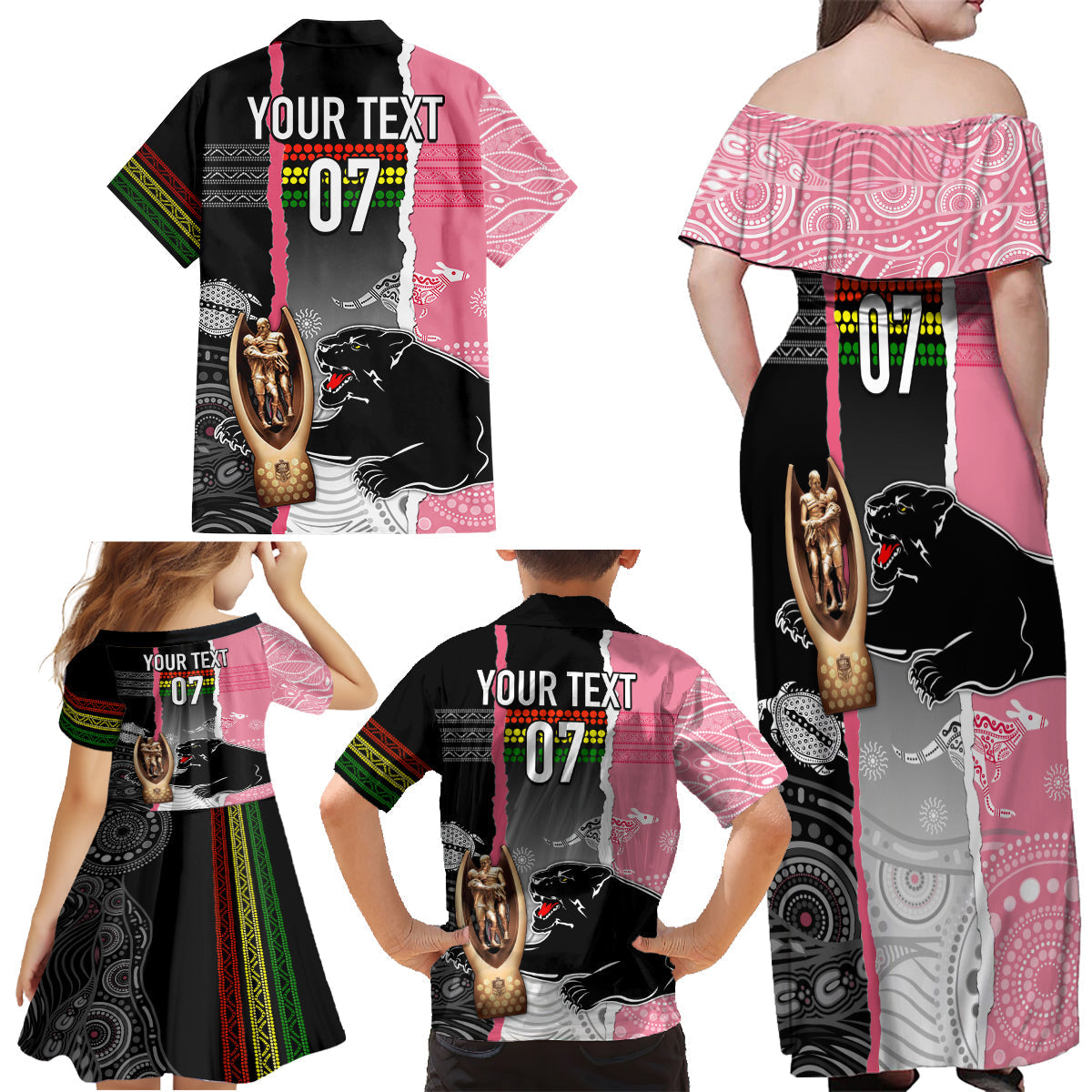 personalised-panther-rugby-nrl-premiers-family-matching-off-shoulder-maxi-dress-and-hawaiian-shirt-panther-pride-black-pink-aboriginal-mix-art