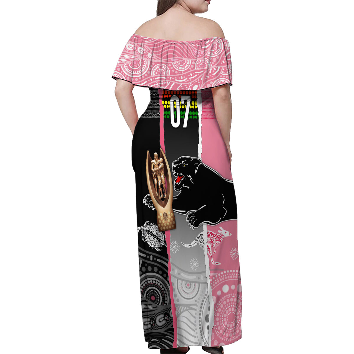 personalised-panther-rugby-nrl-premiers-family-matching-off-shoulder-maxi-dress-and-hawaiian-shirt-panther-pride-black-pink-aboriginal-mix-art