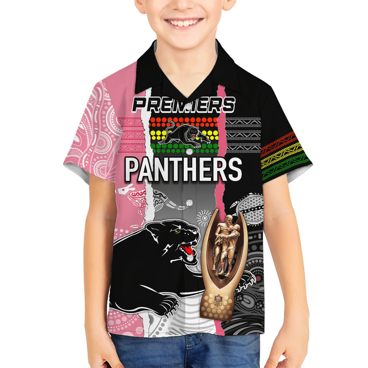 personalised-panther-rugby-nrl-premiers-family-matching-off-shoulder-maxi-dress-and-hawaiian-shirt-panther-pride-black-pink-aboriginal-mix-art
