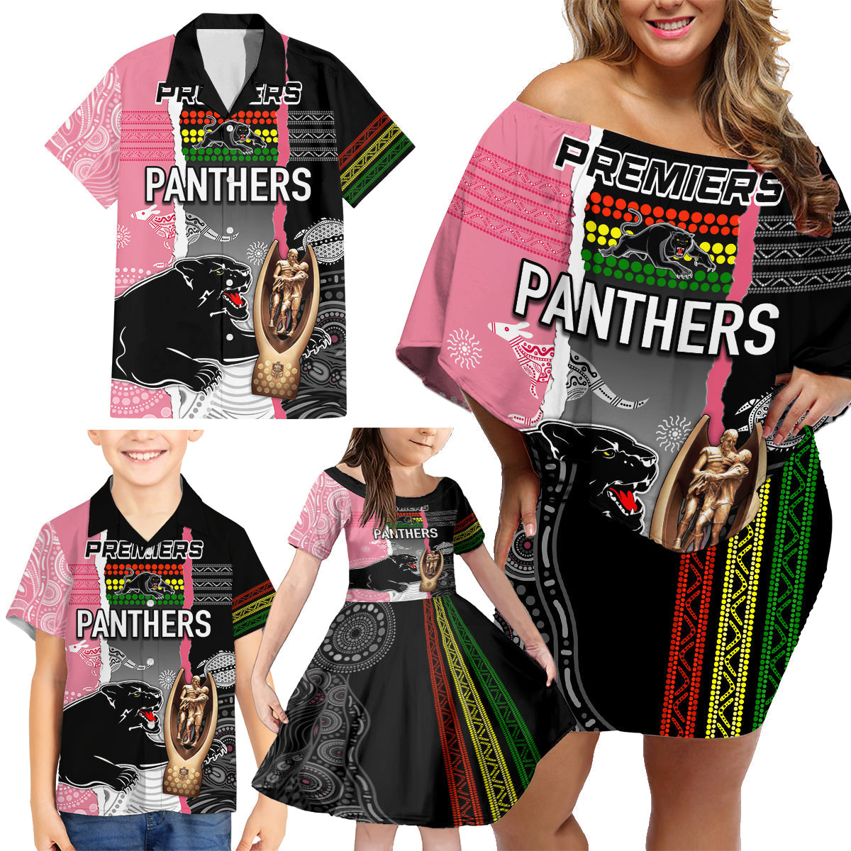personalised-panther-rugby-nrl-premiers-family-matching-off-shoulder-short-dress-and-hawaiian-shirt-panther-pride-black-pink-aboriginal-mix-art