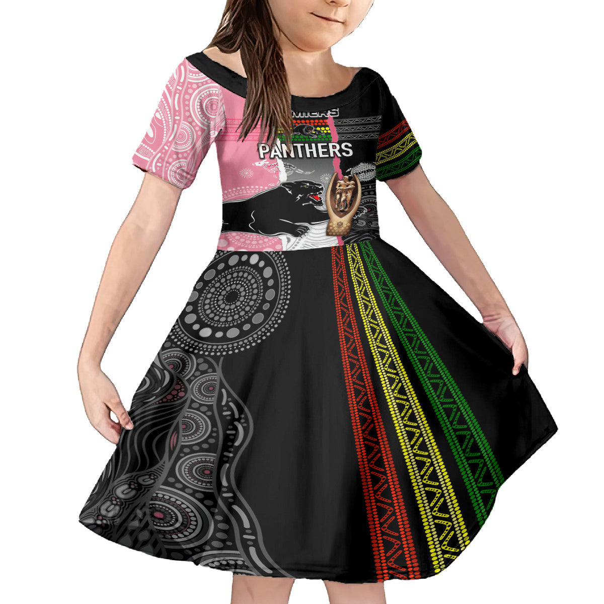 personalised-panther-rugby-nrl-premiers-family-matching-off-shoulder-short-dress-and-hawaiian-shirt-panther-pride-black-pink-aboriginal-mix-art