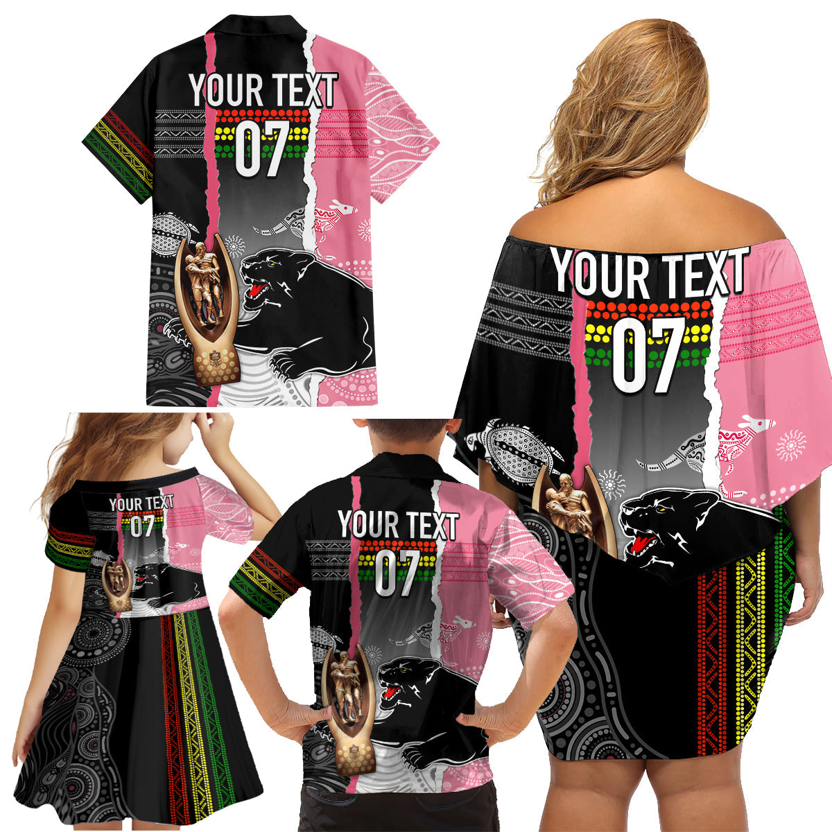 personalised-panther-rugby-nrl-premiers-family-matching-off-shoulder-short-dress-and-hawaiian-shirt-panther-pride-black-pink-aboriginal-mix-art