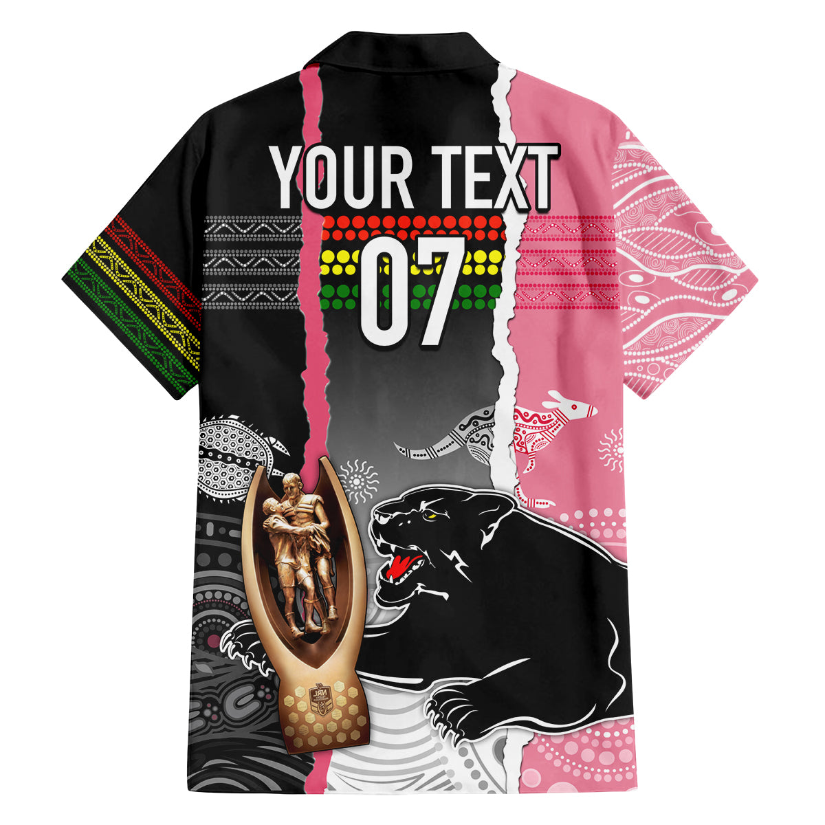 personalised-panther-rugby-nrl-premiers-family-matching-off-shoulder-short-dress-and-hawaiian-shirt-panther-pride-black-pink-aboriginal-mix-art