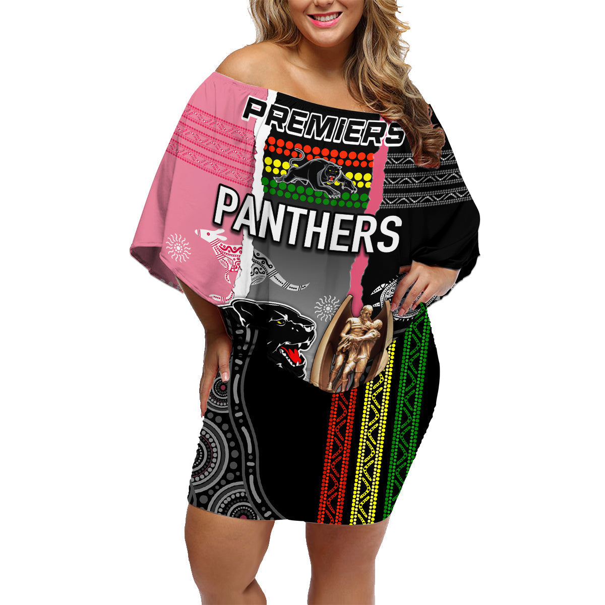 personalised-panther-rugby-nrl-premiers-family-matching-off-shoulder-short-dress-and-hawaiian-shirt-panther-pride-black-pink-aboriginal-mix-art