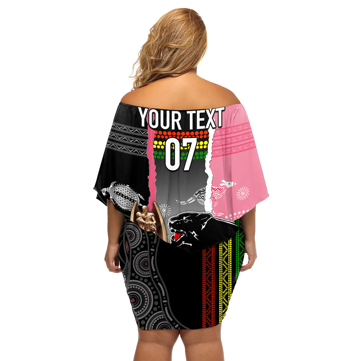 personalised-panther-rugby-nrl-premiers-family-matching-off-shoulder-short-dress-and-hawaiian-shirt-panther-pride-black-pink-aboriginal-mix-art