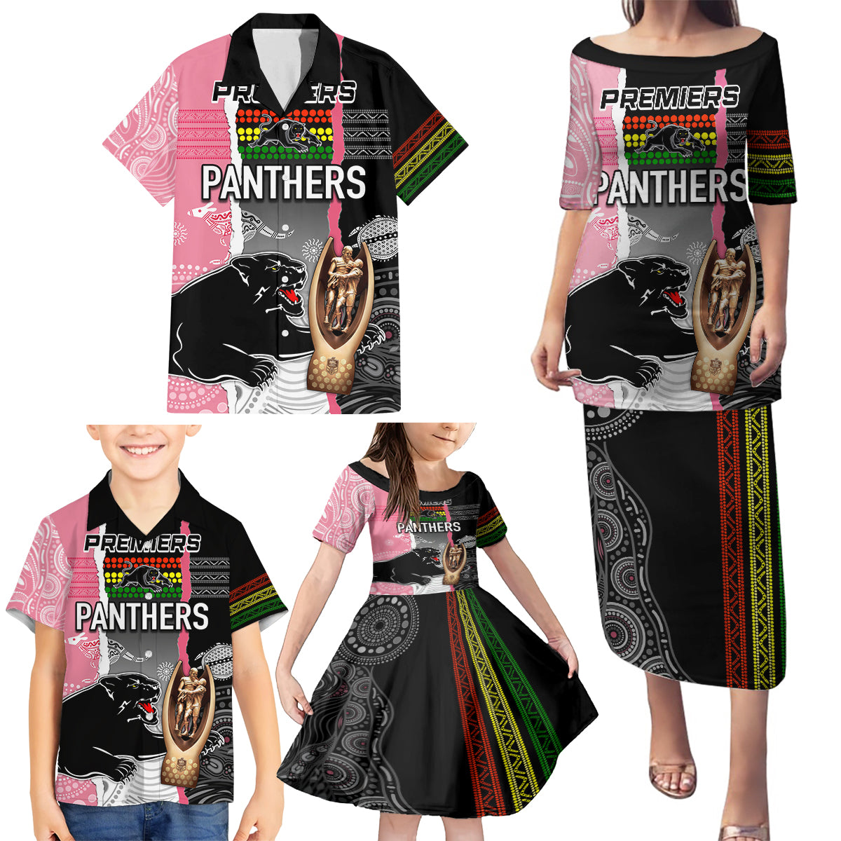 personalised-panther-rugby-nrl-premiers-family-matching-puletasi-dress-and-hawaiian-shirt-panther-pride-black-pink-aboriginal-mix-art