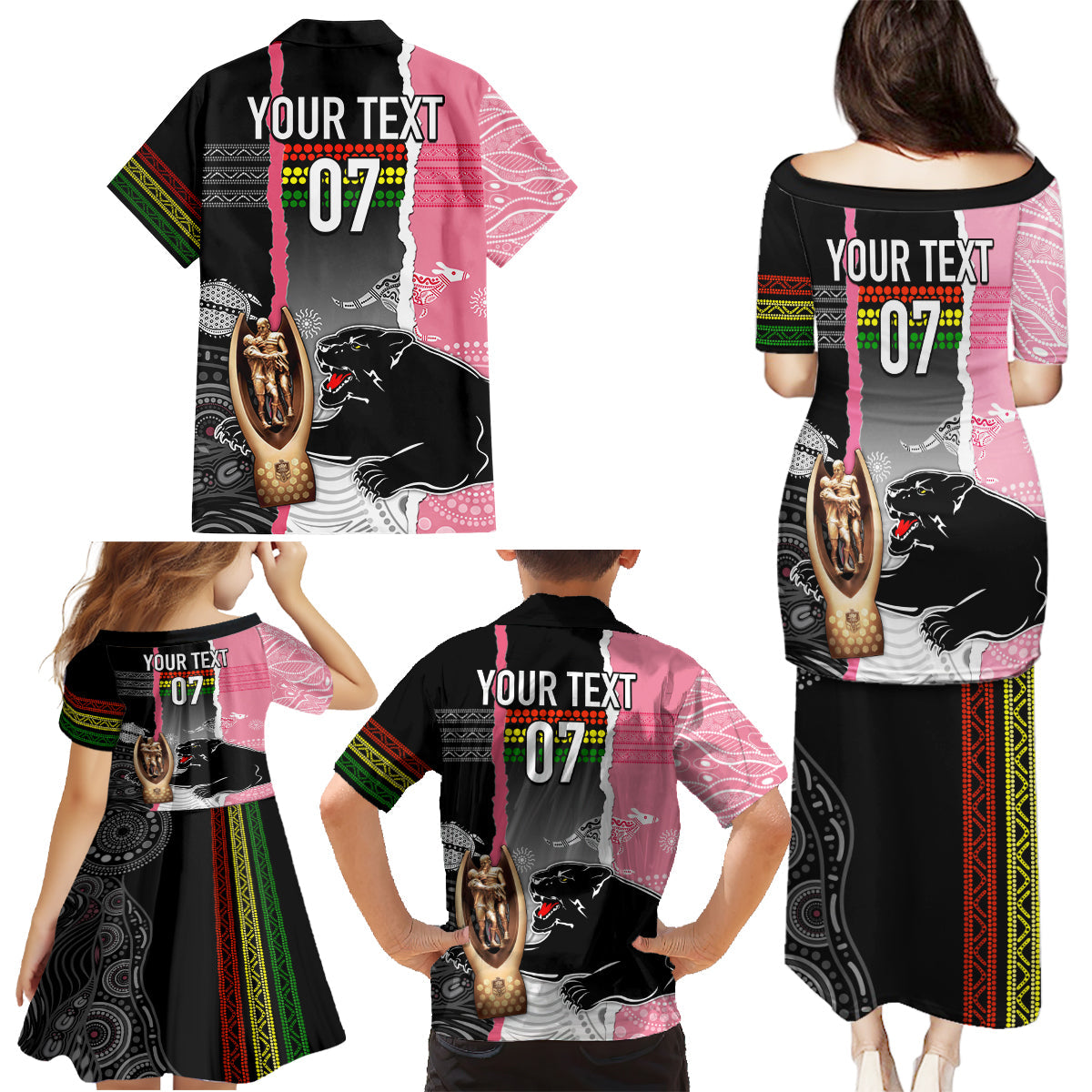 personalised-panther-rugby-nrl-premiers-family-matching-puletasi-dress-and-hawaiian-shirt-panther-pride-black-pink-aboriginal-mix-art