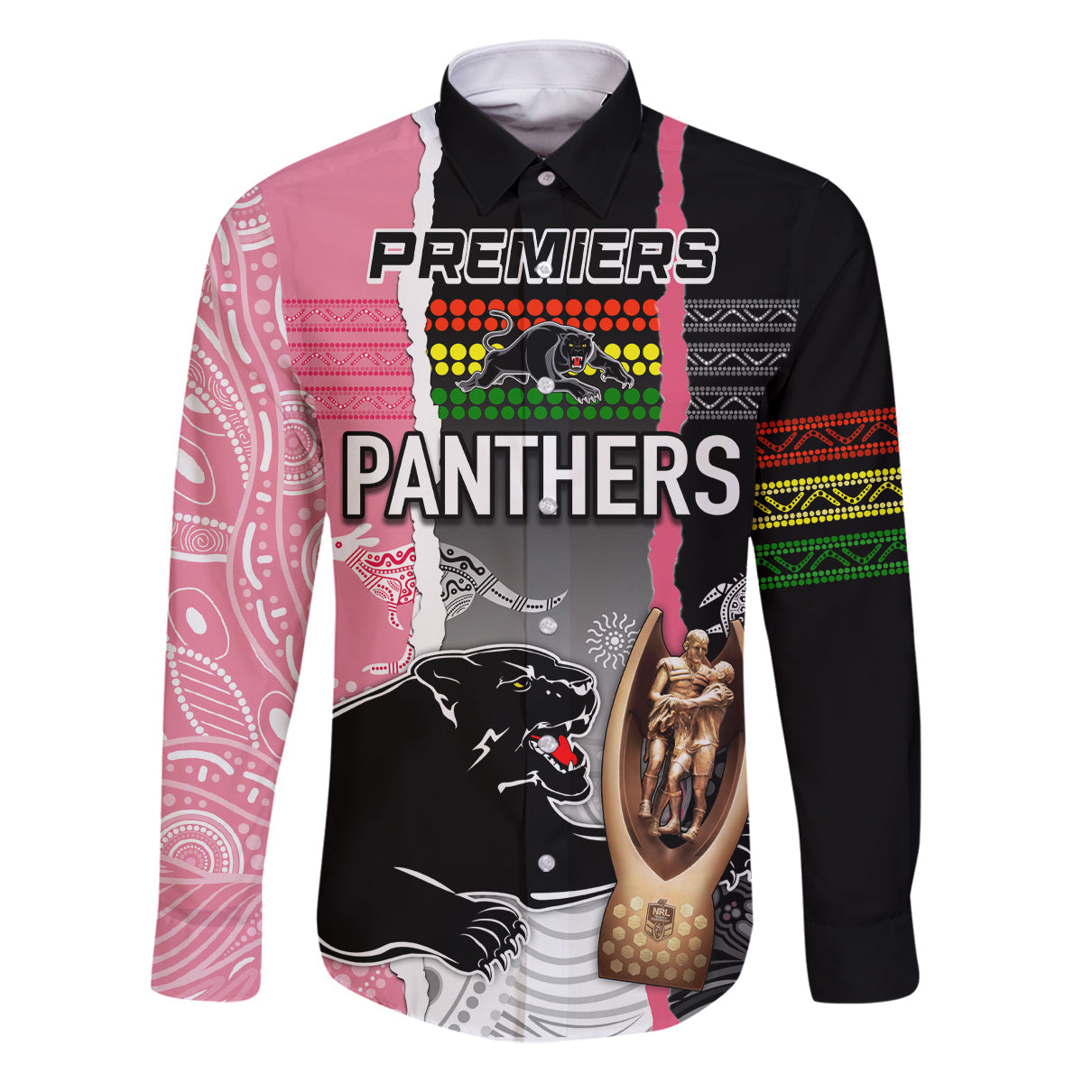 personalised-panther-rugby-nrl-premiers-family-matching-puletasi-dress-and-hawaiian-shirt-panther-pride-black-pink-aboriginal-mix-art