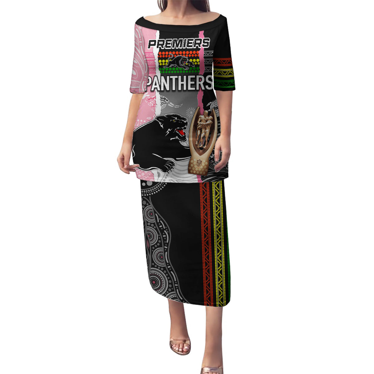 personalised-panther-rugby-nrl-premiers-family-matching-puletasi-dress-and-hawaiian-shirt-panther-pride-black-pink-aboriginal-mix-art