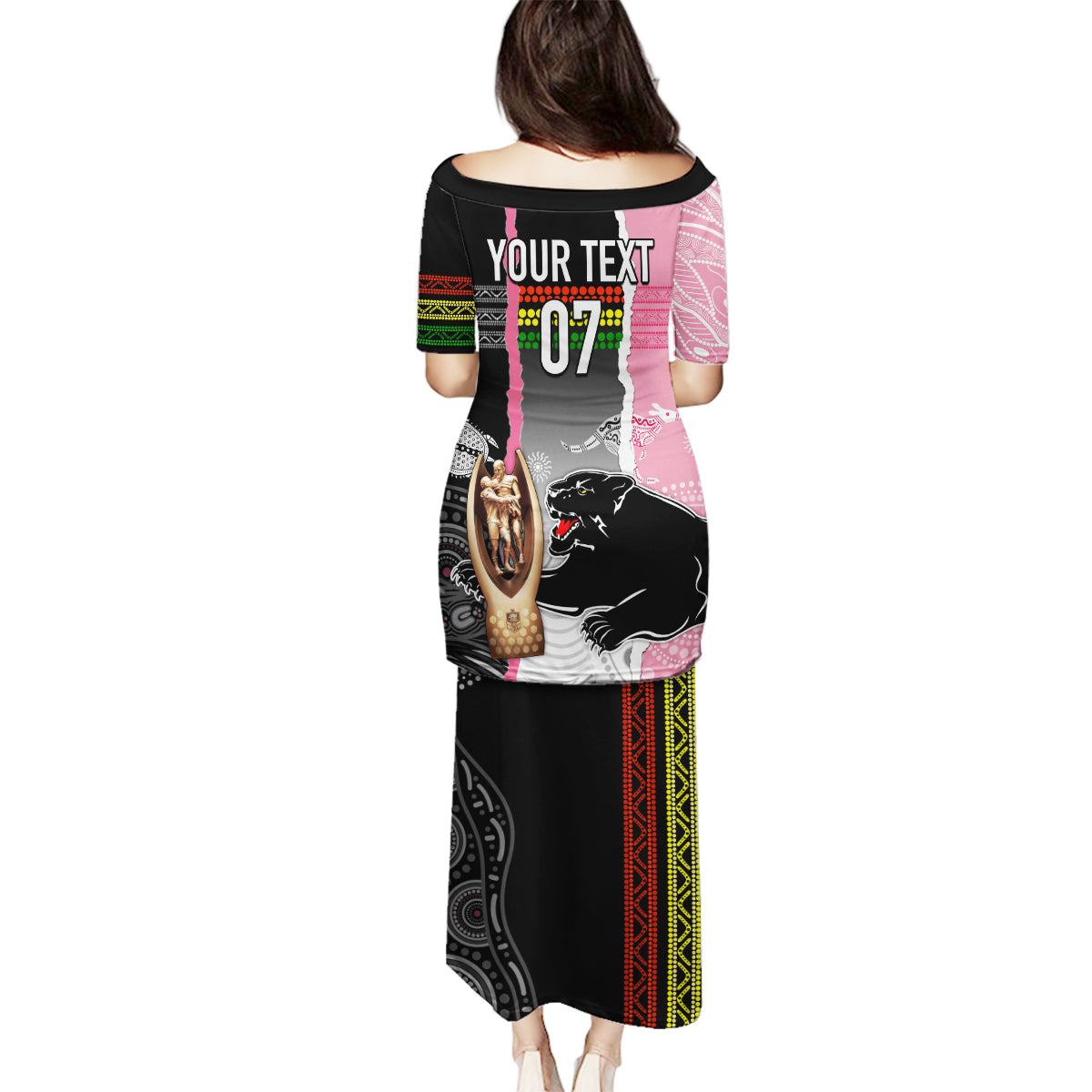 personalised-panther-rugby-nrl-premiers-family-matching-puletasi-dress-and-hawaiian-shirt-panther-pride-black-pink-aboriginal-mix-art