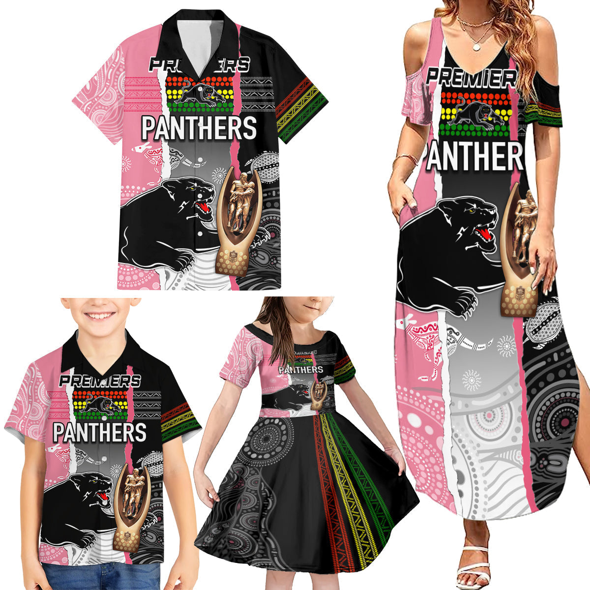 personalised-panther-rugby-nrl-premiers-family-matching-summer-maxi-dress-and-hawaiian-shirt-panther-pride-black-pink-aboriginal-mix-art