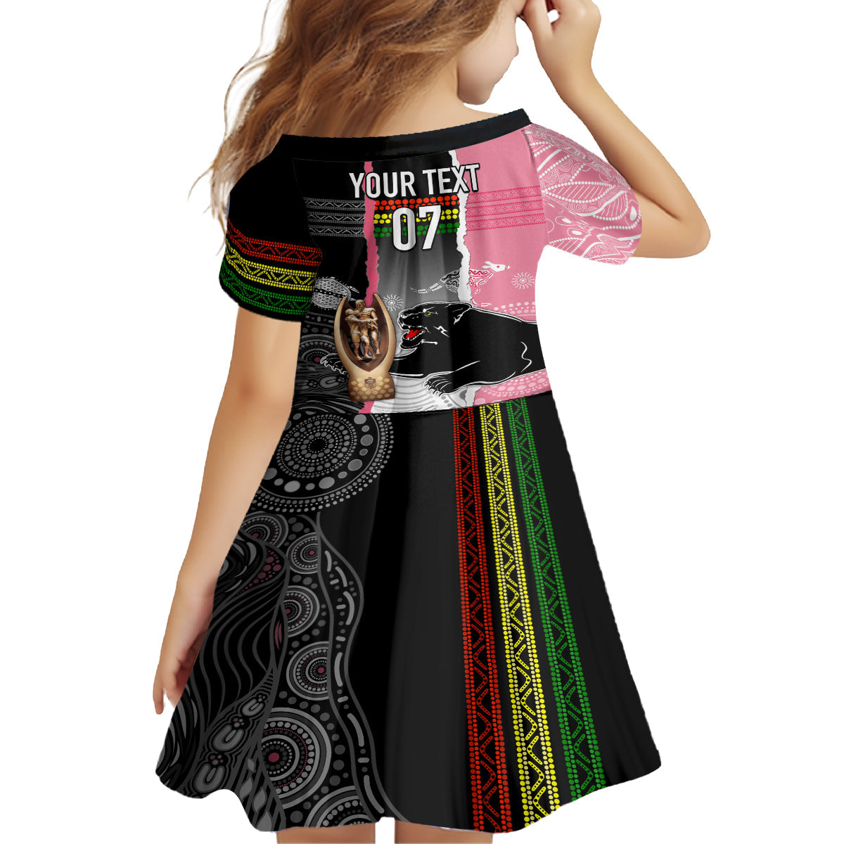 personalised-panther-rugby-nrl-premiers-family-matching-summer-maxi-dress-and-hawaiian-shirt-panther-pride-black-pink-aboriginal-mix-art