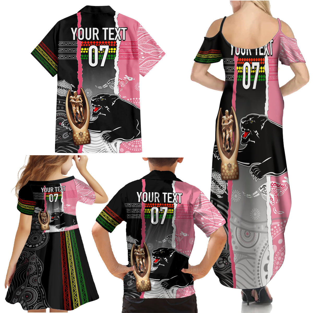 personalised-panther-rugby-nrl-premiers-family-matching-summer-maxi-dress-and-hawaiian-shirt-panther-pride-black-pink-aboriginal-mix-art