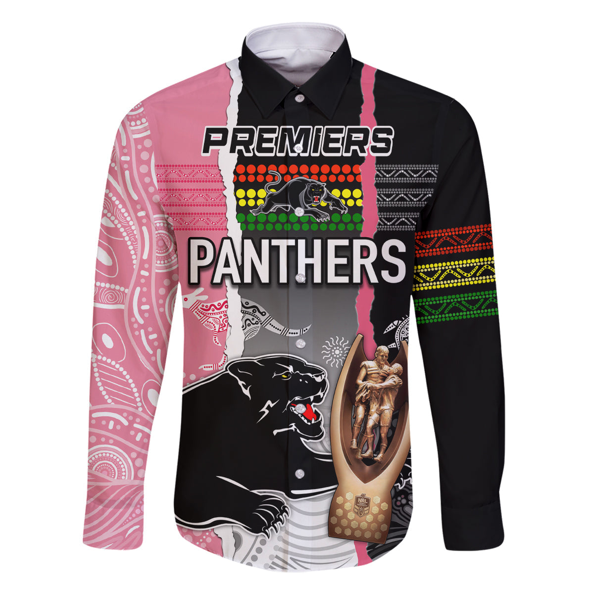 personalised-panther-rugby-nrl-premiers-family-matching-summer-maxi-dress-and-hawaiian-shirt-panther-pride-black-pink-aboriginal-mix-art