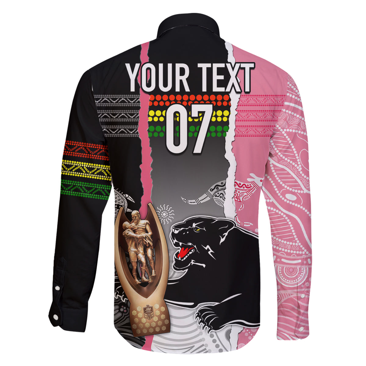 personalised-panther-rugby-nrl-premiers-family-matching-summer-maxi-dress-and-hawaiian-shirt-panther-pride-black-pink-aboriginal-mix-art