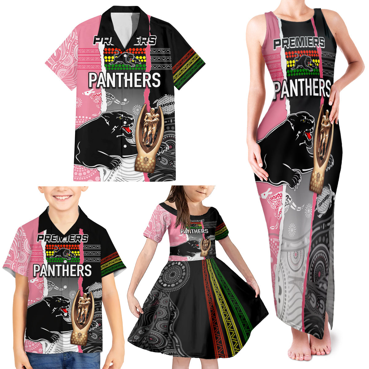 personalised-panther-rugby-nrl-premiers-family-matching-tank-maxi-dress-and-hawaiian-shirt-panther-pride-black-pink-aboriginal-mix-art