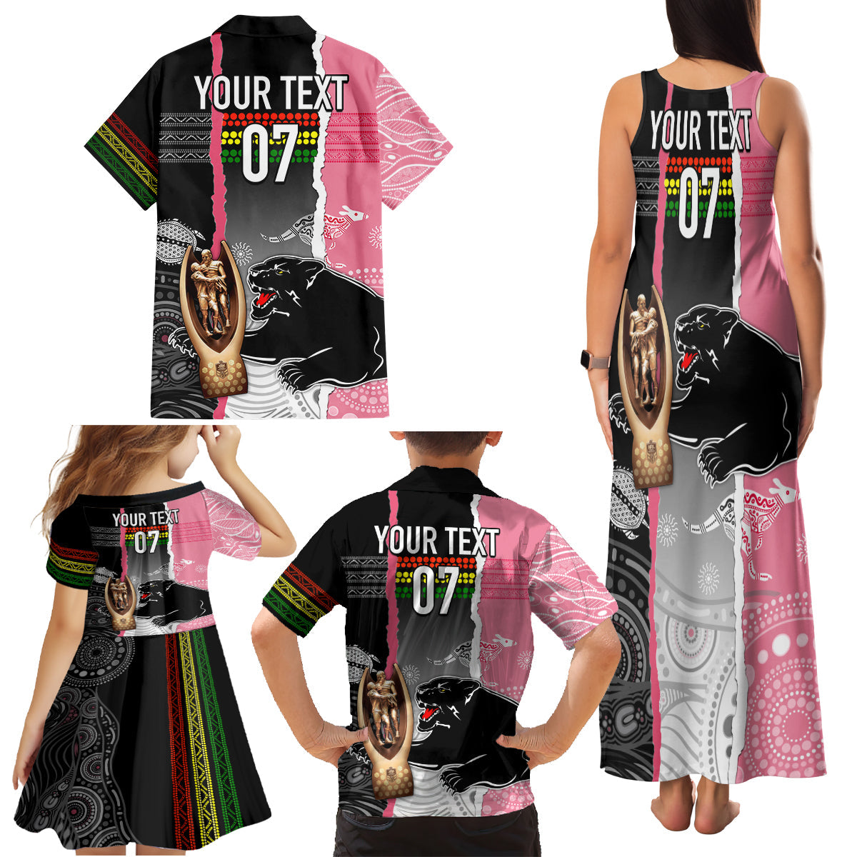 personalised-panther-rugby-nrl-premiers-family-matching-tank-maxi-dress-and-hawaiian-shirt-panther-pride-black-pink-aboriginal-mix-art