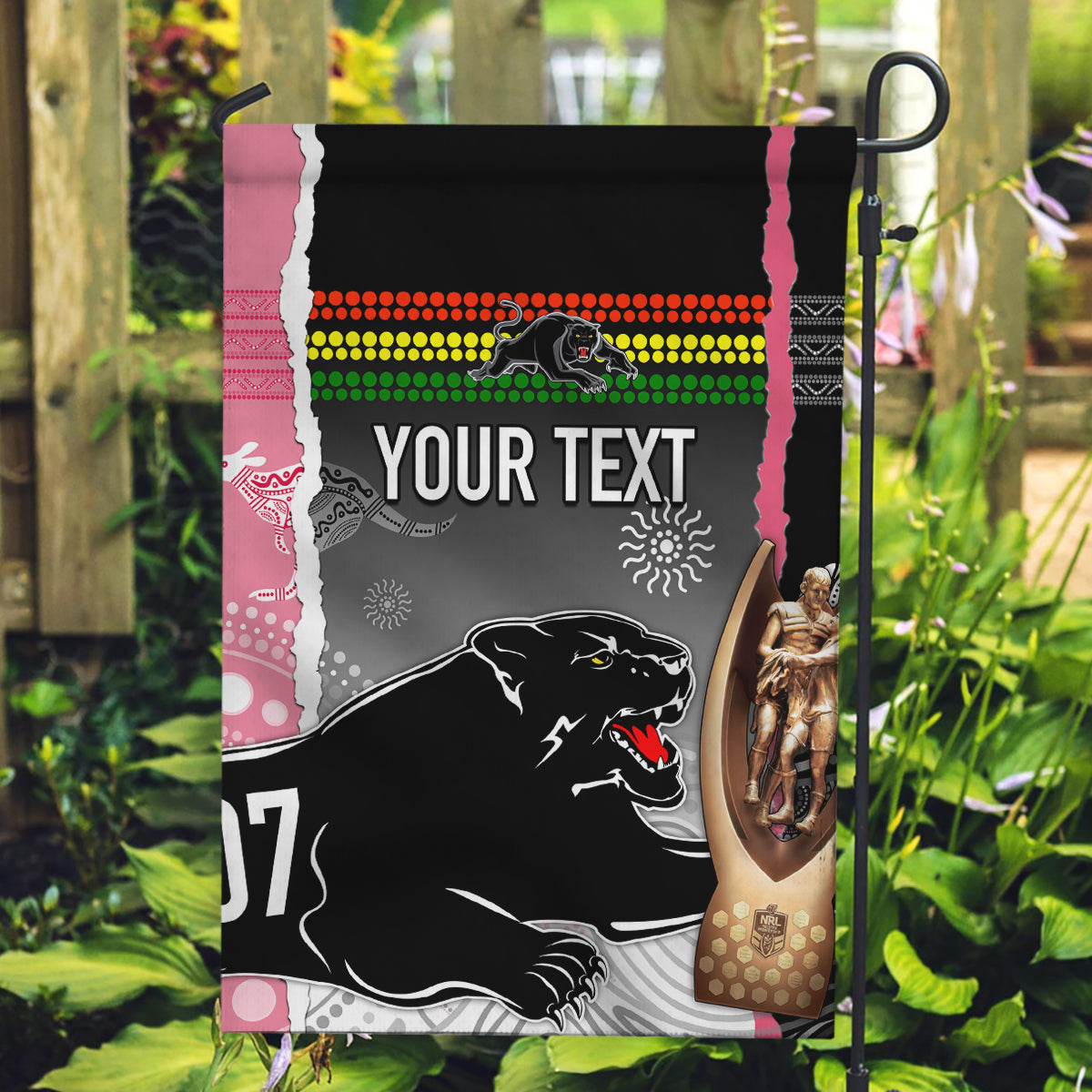 Personalised Panther Rugby NRL Premiers Garden Flag Panther Pride Black & Pink Aboriginal Mix Art - Vibe Hoodie Shop