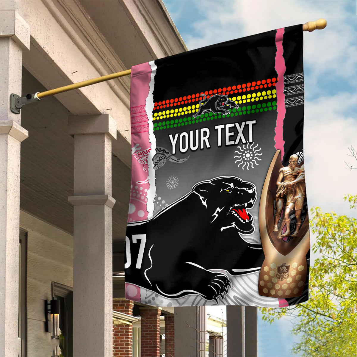 Personalised Panther Rugby NRL Premiers Garden Flag Panther Pride Black & Pink Aboriginal Mix Art - Vibe Hoodie Shop