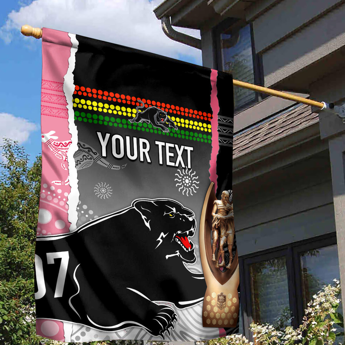 Personalised Panther Rugby NRL Premiers Garden Flag Panther Pride Black & Pink Aboriginal Mix Art - Vibe Hoodie Shop