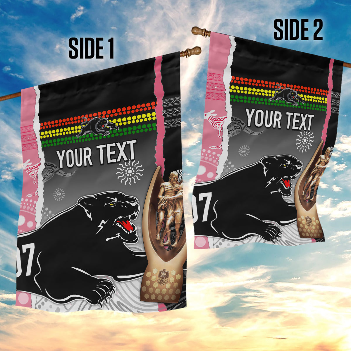 Personalised Panther Rugby NRL Premiers Garden Flag Panther Pride Black & Pink Aboriginal Mix Art - Vibe Hoodie Shop