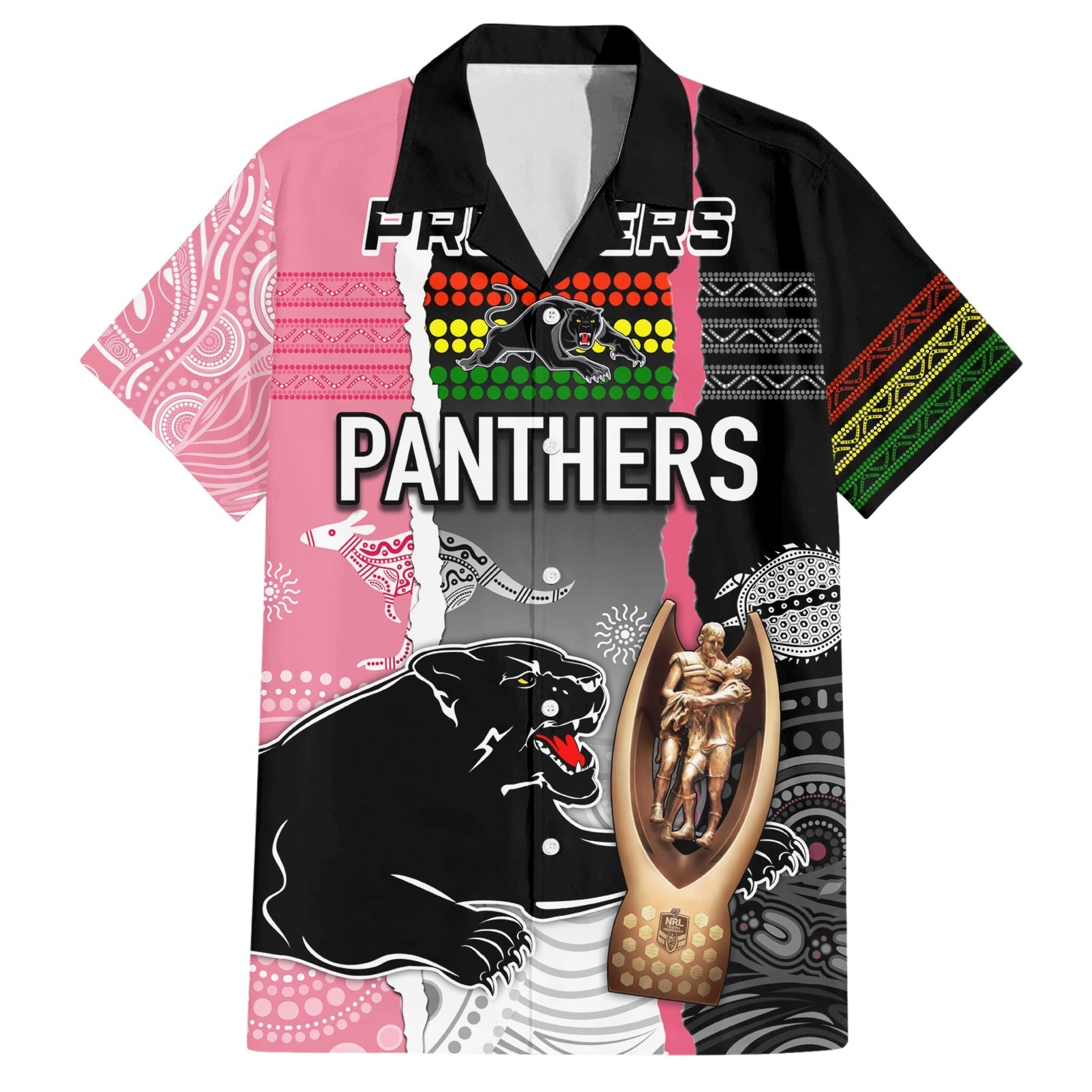 Personalised Panther Rugby NRL Premiers Hawaiian Shirt Panther Pride Black & Pink Aboriginal Mix Art - Vibe Hoodie Shop