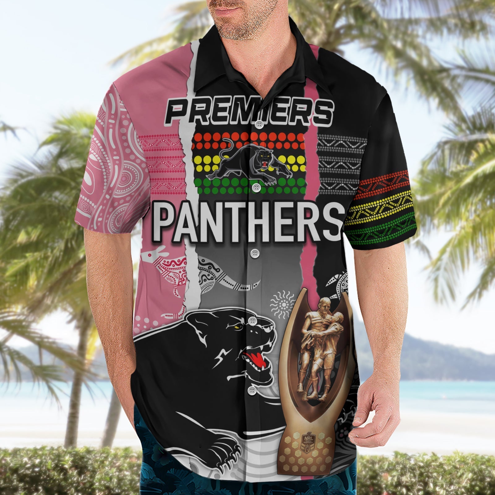 Personalised Panther Rugby NRL Premiers Hawaiian Shirt Panther Pride Black & Pink Aboriginal Mix Art - Vibe Hoodie Shop