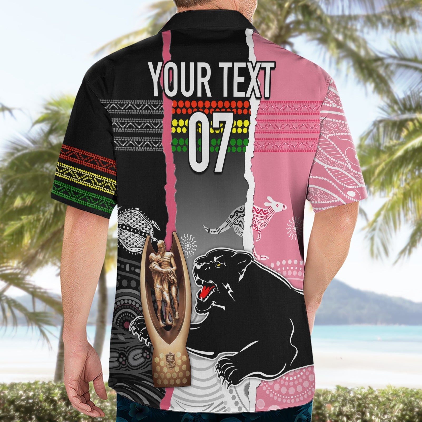 Personalised Panther Rugby NRL Premiers Hawaiian Shirt Panther Pride Black & Pink Aboriginal Mix Art - Vibe Hoodie Shop