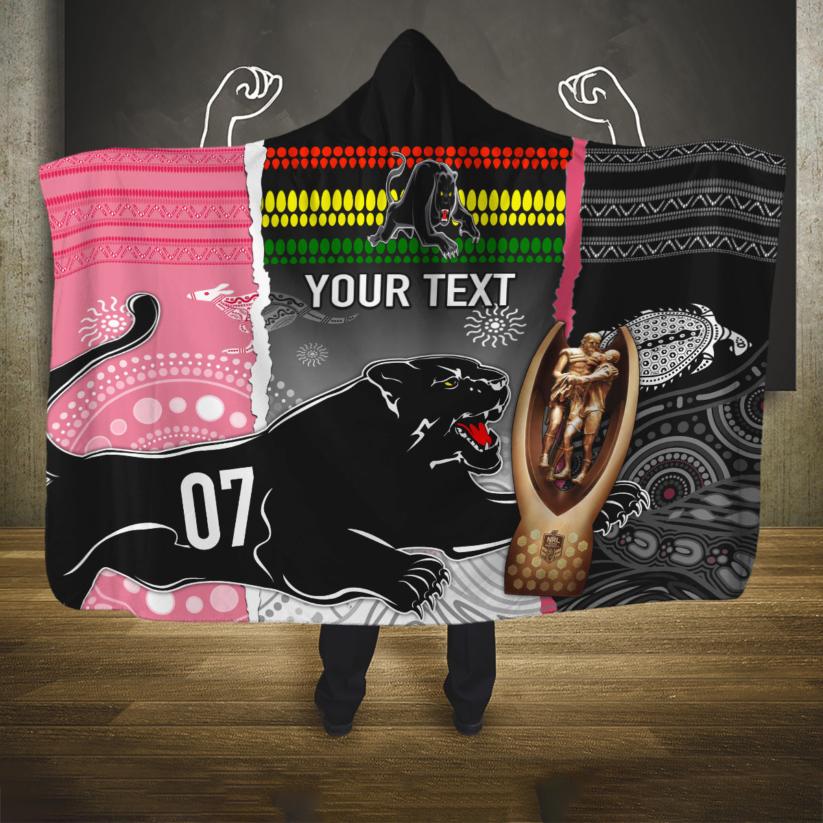 personalised-panther-rugby-nrl-premiers-hooded-blanket-panther-pride-black-pink-aboriginal-mix-art