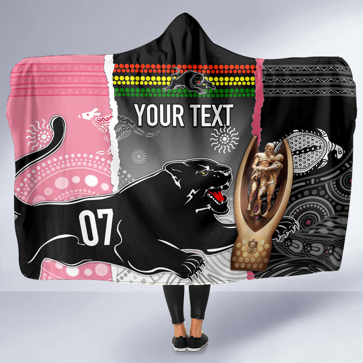personalised-panther-rugby-nrl-premiers-hooded-blanket-panther-pride-black-pink-aboriginal-mix-art