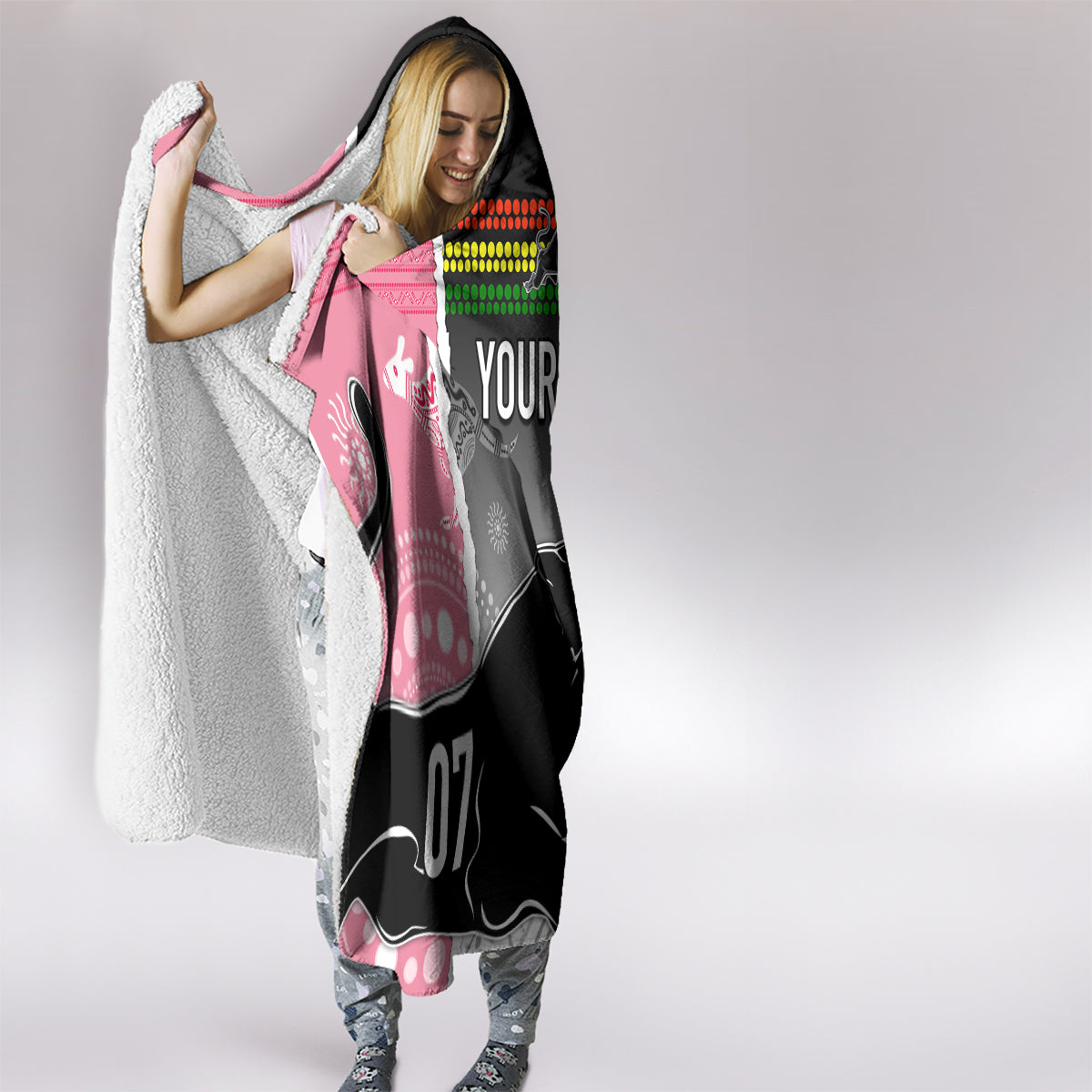 personalised-panther-rugby-nrl-premiers-hooded-blanket-panther-pride-black-pink-aboriginal-mix-art