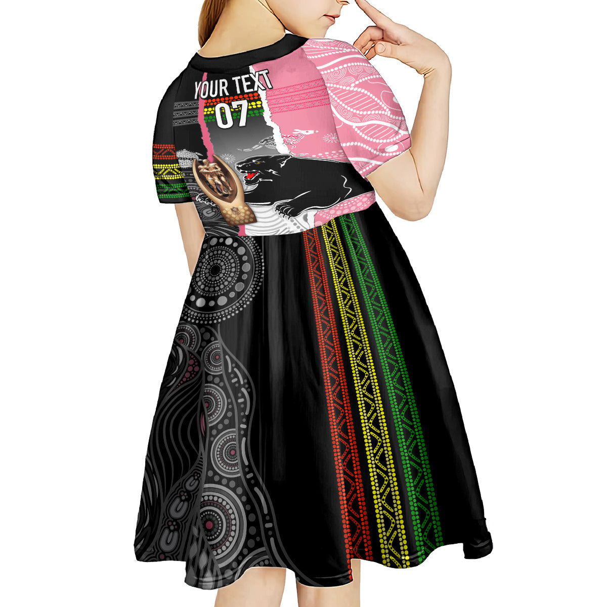 Personalised Panther Rugby NRL Premiers Kid Short Sleeve Dress Panther Pride Black & Pink Aboriginal Mix Art - Vibe Hoodie Shop