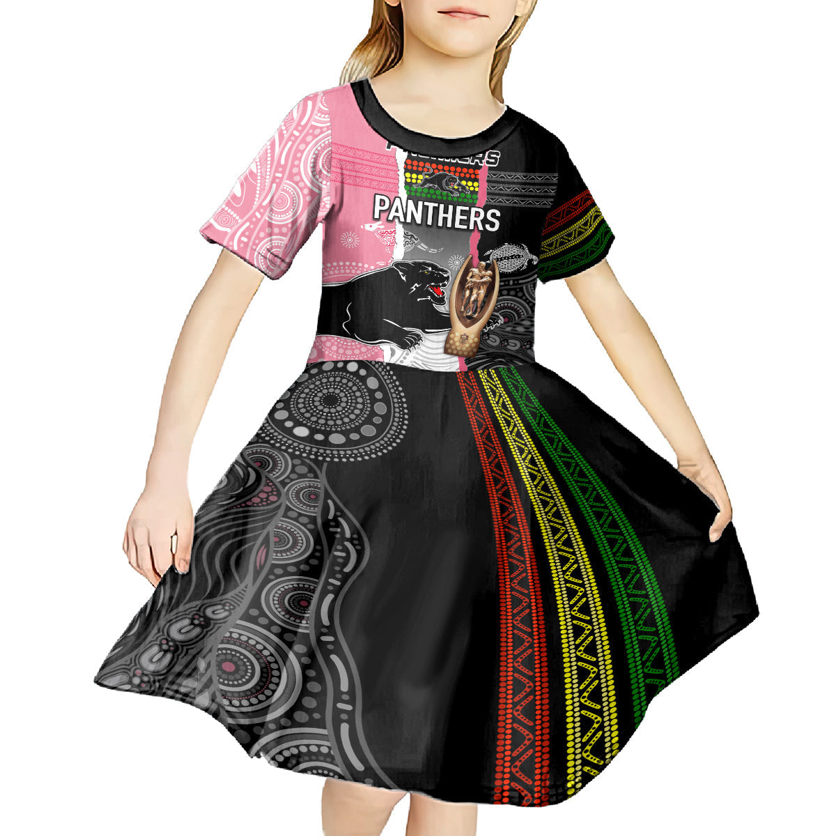 Personalised Panther Rugby NRL Premiers Kid Short Sleeve Dress Panther Pride Black & Pink Aboriginal Mix Art - Vibe Hoodie Shop