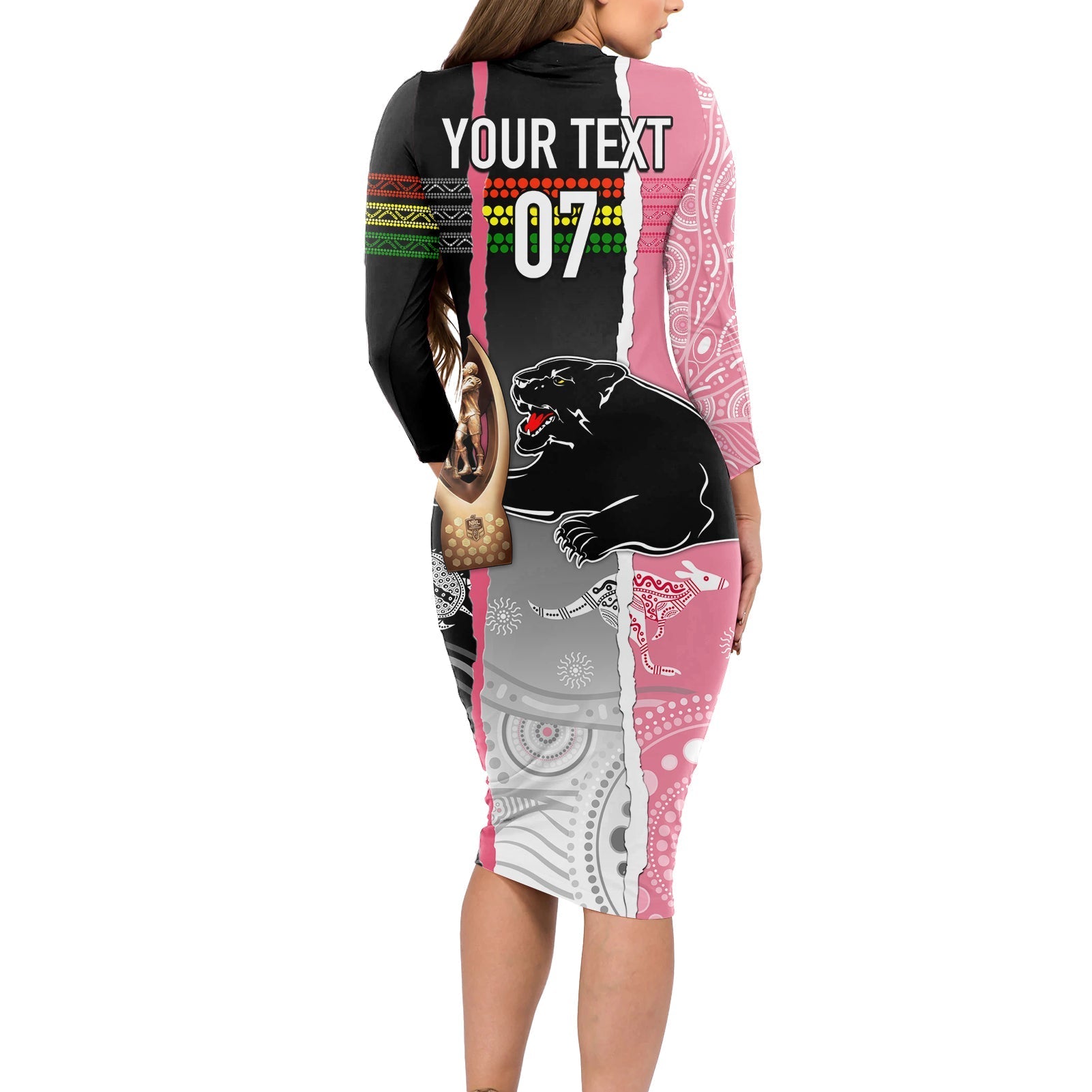 personalised-panther-rugby-nrl-premiers-long-sleeve-bodycon-dress-panther-pride-black-pink-aboriginal-mix-art