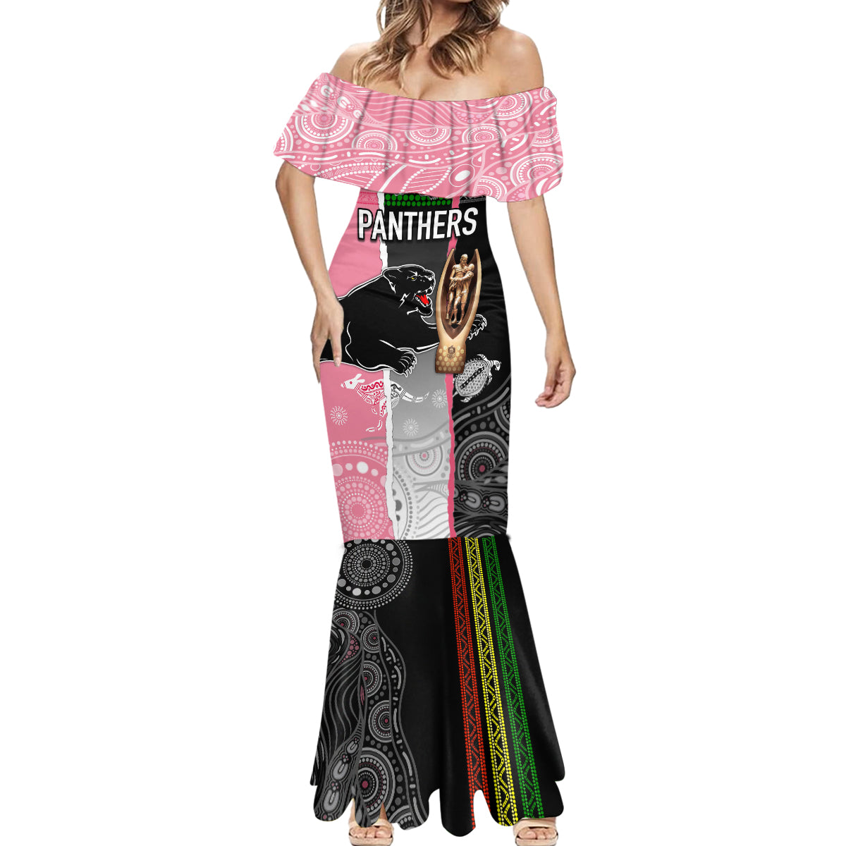 personalised-panther-rugby-nrl-premiers-mermaid-dress-panther-pride-black-pink-aboriginal-mix-art