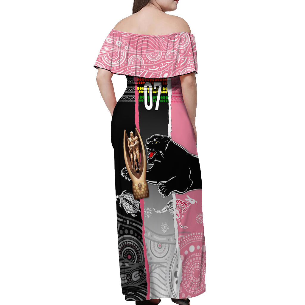 personalised-panther-rugby-nrl-premiers-off-shoulder-maxi-dress-panther-pride-black-pink-aboriginal-mix-art