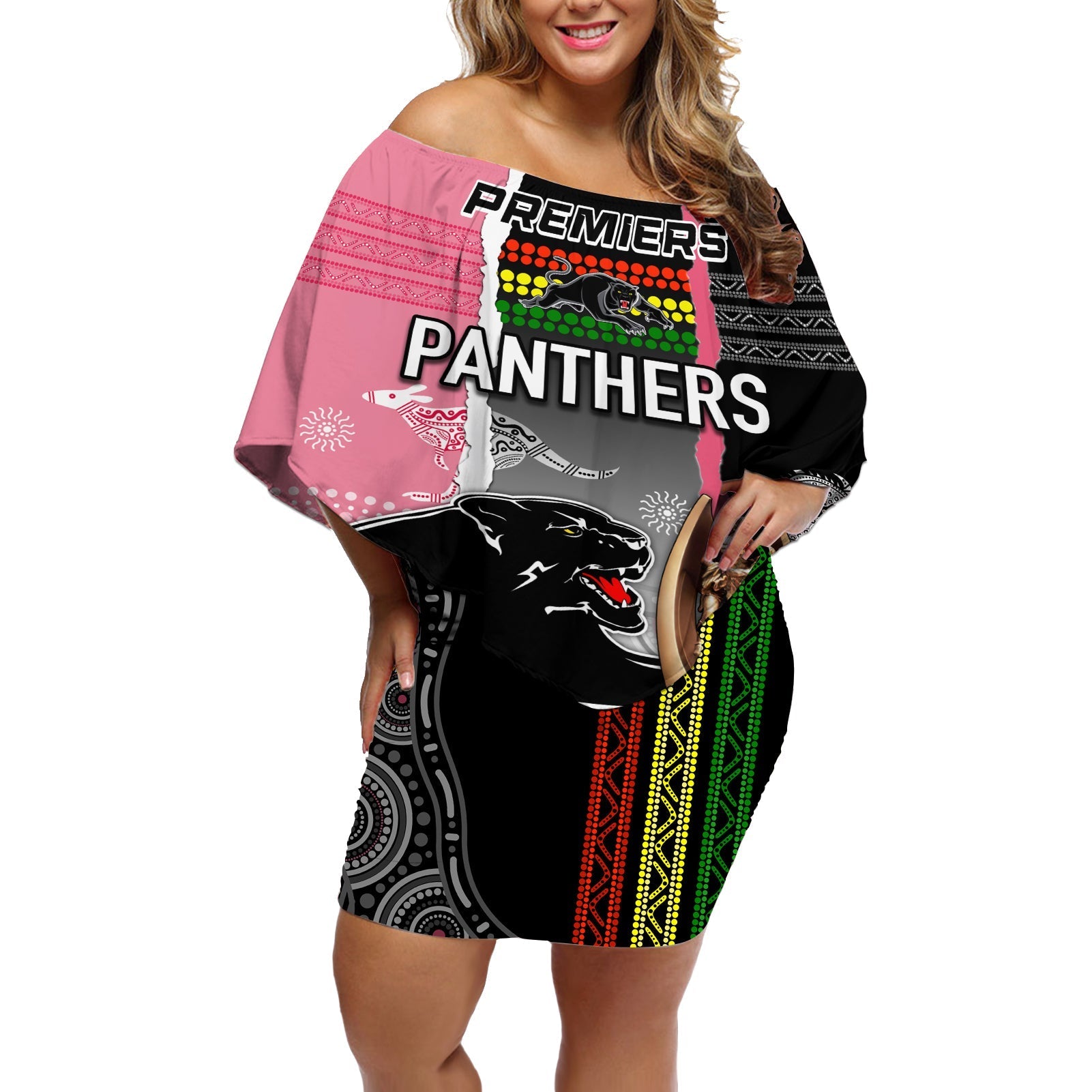 personalised-panther-rugby-nrl-premiers-off-shoulder-short-dress-panther-pride-black-pink-aboriginal-mix-art