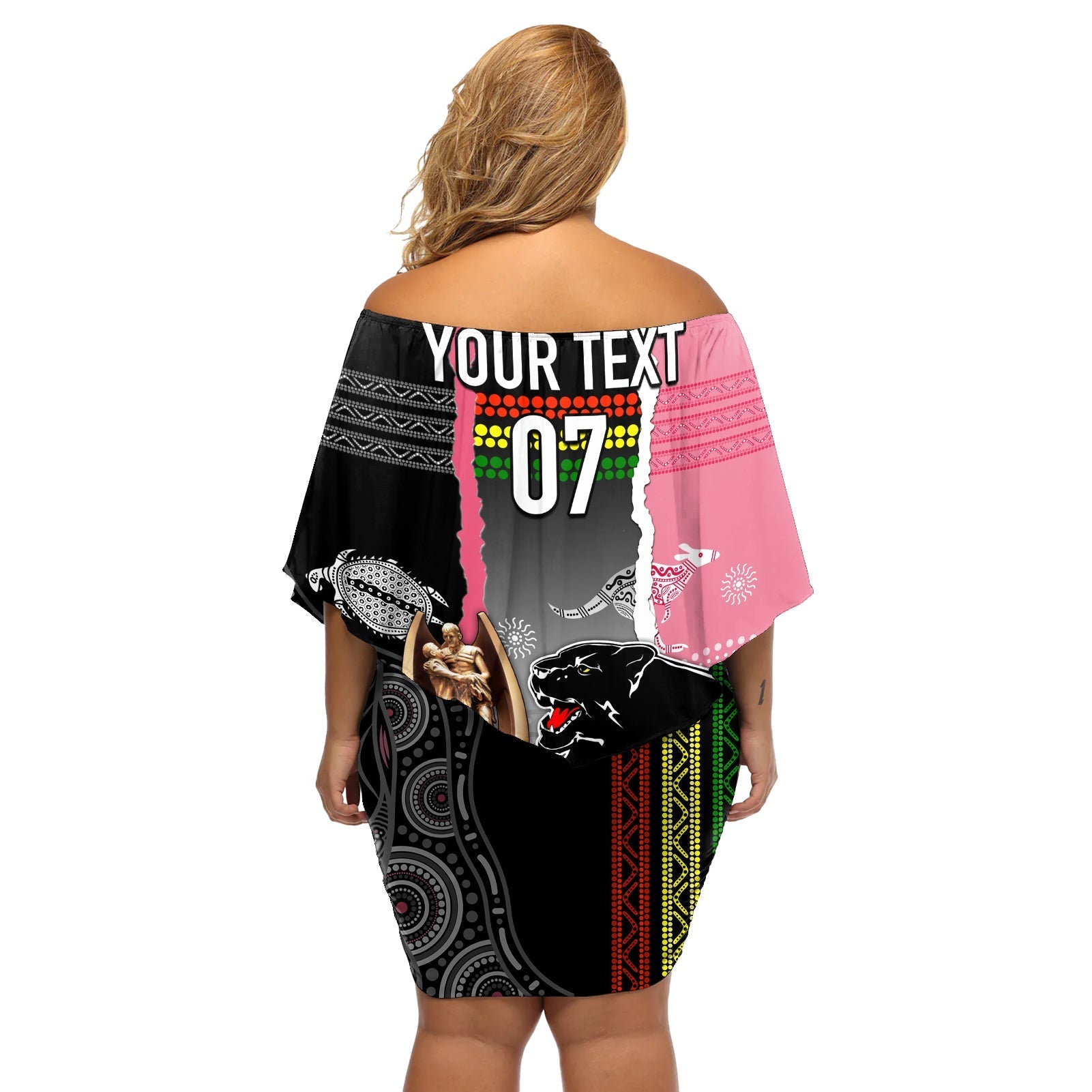 personalised-panther-rugby-nrl-premiers-off-shoulder-short-dress-panther-pride-black-pink-aboriginal-mix-art