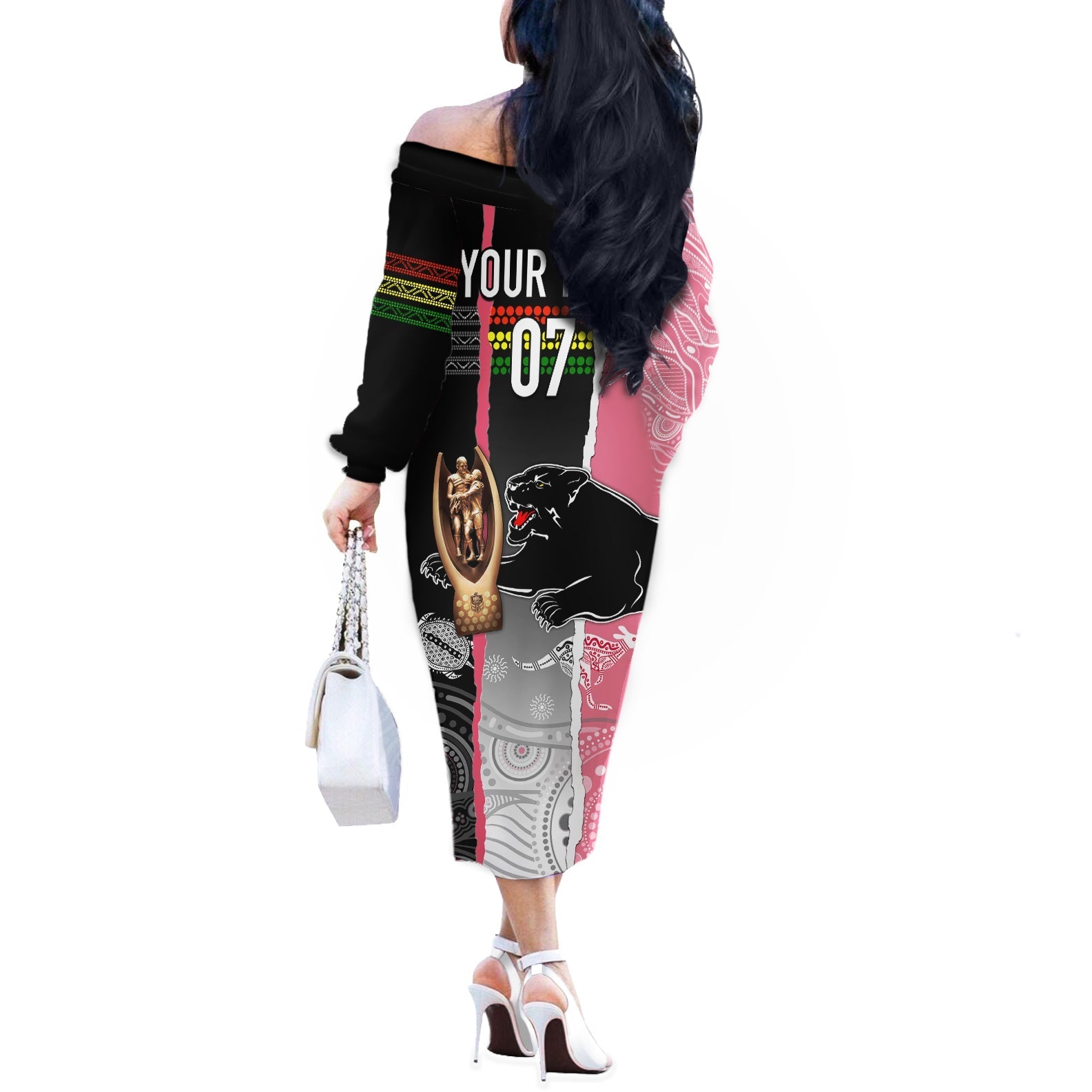 personalised-panther-rugby-nrl-premiers-off-the-shoulder-long-sleeve-dress-panther-pride-black-pink-aboriginal-mix-art