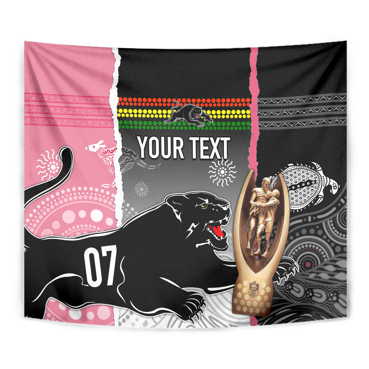 Personalised Panther Rugby NRL Premiers Tapestry Panther Pride Black & Pink Aboriginal Mix Art - Vibe Hoodie Shop