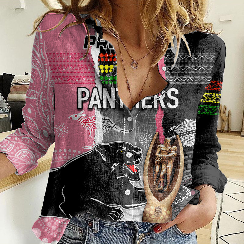 Personalised Panther Rugby NRL Premiers Women Casual Shirt Panther Pride Black & Pink Aboriginal Mix Art - Vibe Hoodie Shop