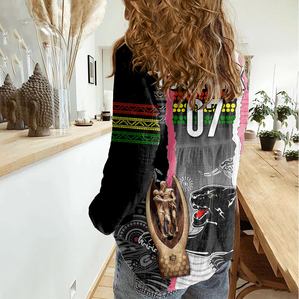 Personalised Panther Rugby NRL Premiers Women Casual Shirt Panther Pride Black & Pink Aboriginal Mix Art - Vibe Hoodie Shop