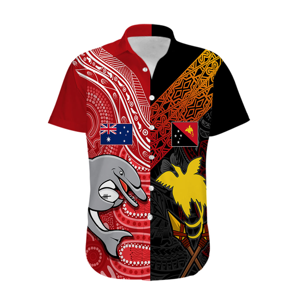 Personalised PNG Hunters Mix Aussie Dolphins Rugby Hawaiian Shirt Motu and Aboriginal Half-Half - Vibe Hoodie Shop