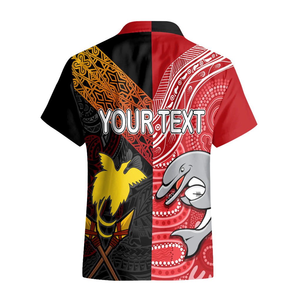 Personalised PNG Hunters Mix Aussie Dolphins Rugby Hawaiian Shirt Motu and Aboriginal Half-Half - Vibe Hoodie Shop
