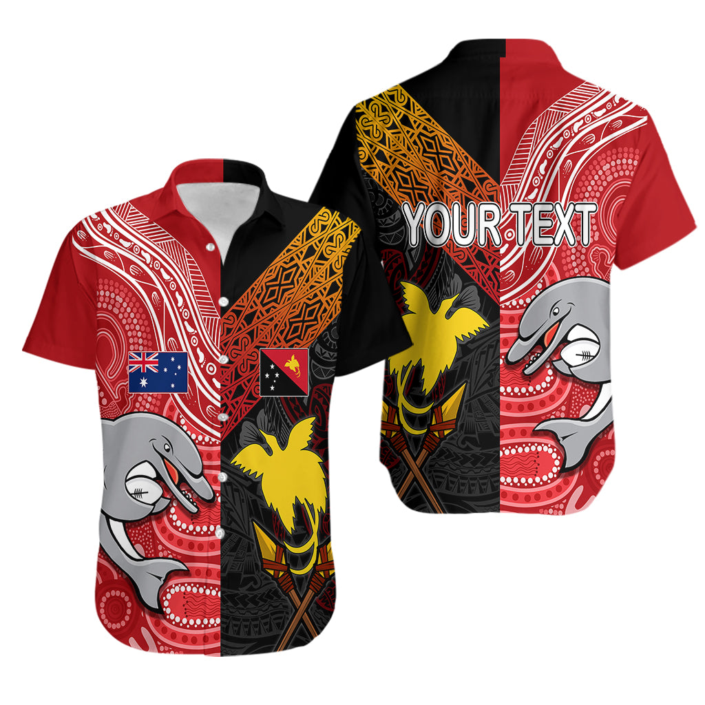 Personalised PNG Hunters Mix Aussie Dolphins Rugby Hawaiian Shirt Motu and Aboriginal Half-Half - Vibe Hoodie Shop