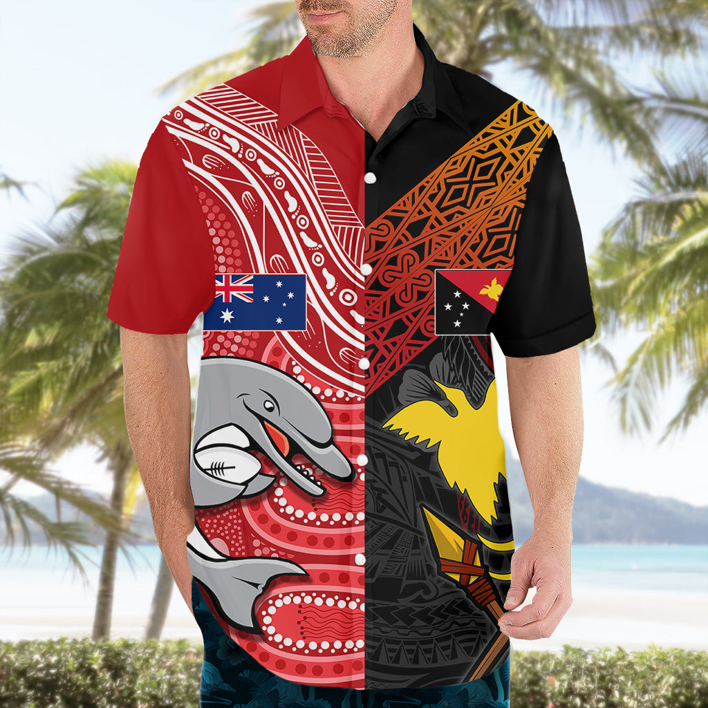 Personalised PNG Hunters Mix Aussie Dolphins Rugby Hawaiian Shirt Motu and Aboriginal Half-Half - Vibe Hoodie Shop