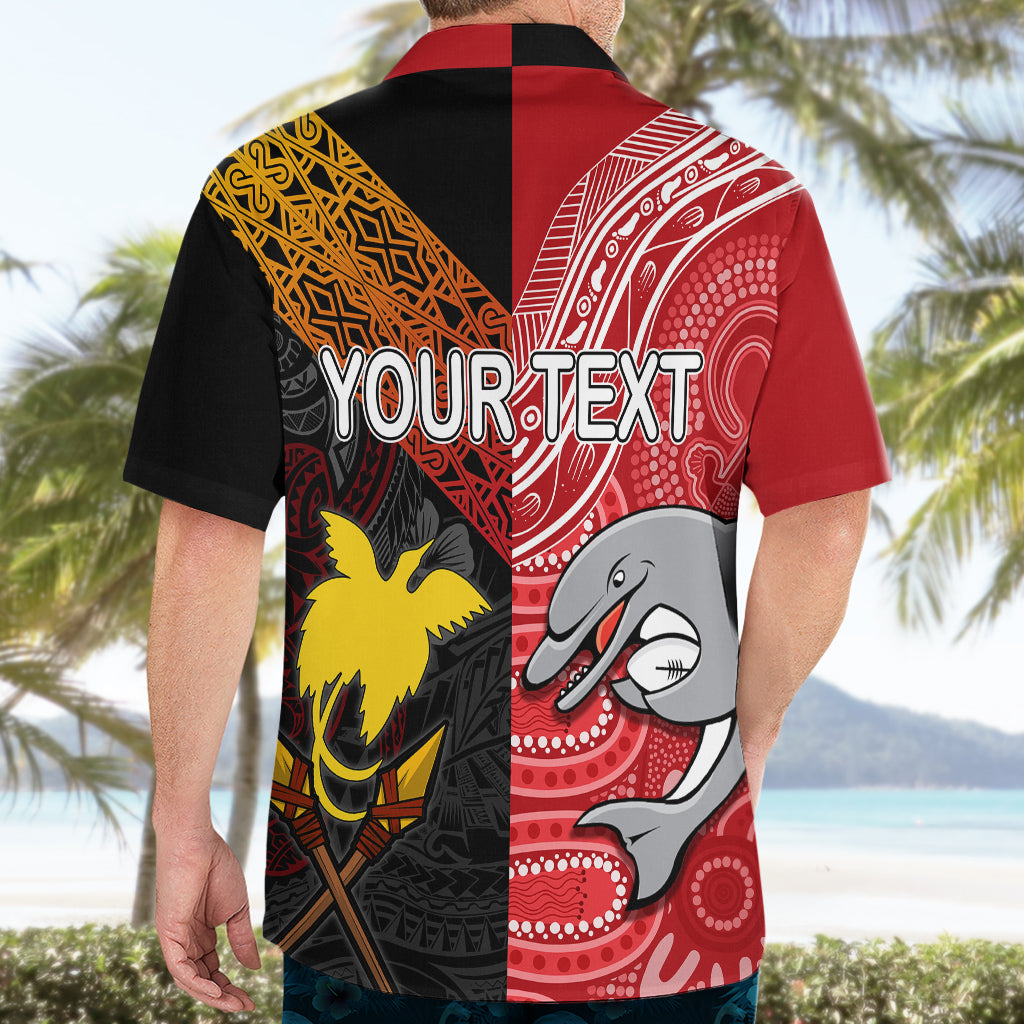 Personalised PNG Hunters Mix Aussie Dolphins Rugby Hawaiian Shirt Motu and Aboriginal Half-Half - Vibe Hoodie Shop