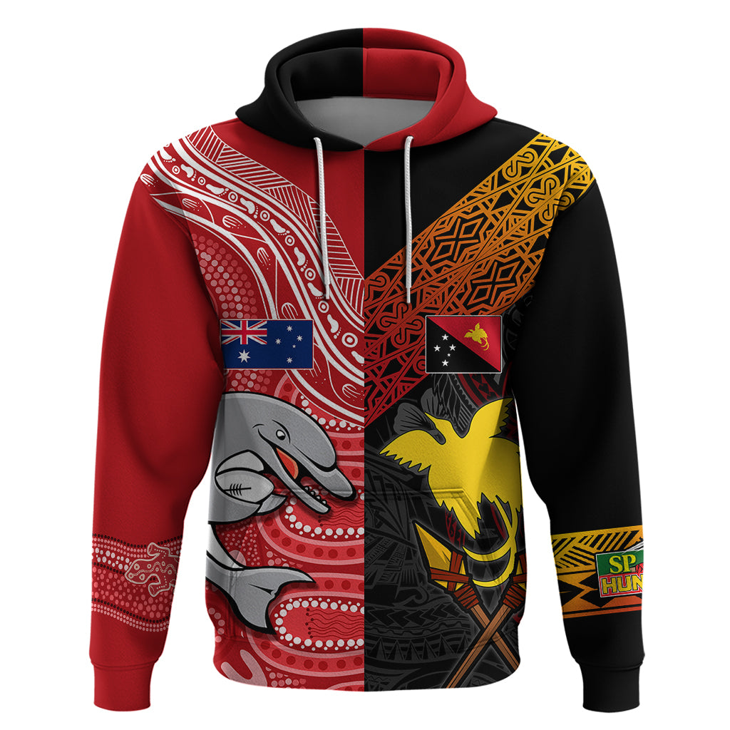 Personalised PNG Hunters Mix Aussie Dolphins Rugby Hoodie Motu and Aboriginal Half-Half LT7 - Vibe Hoodie Shop