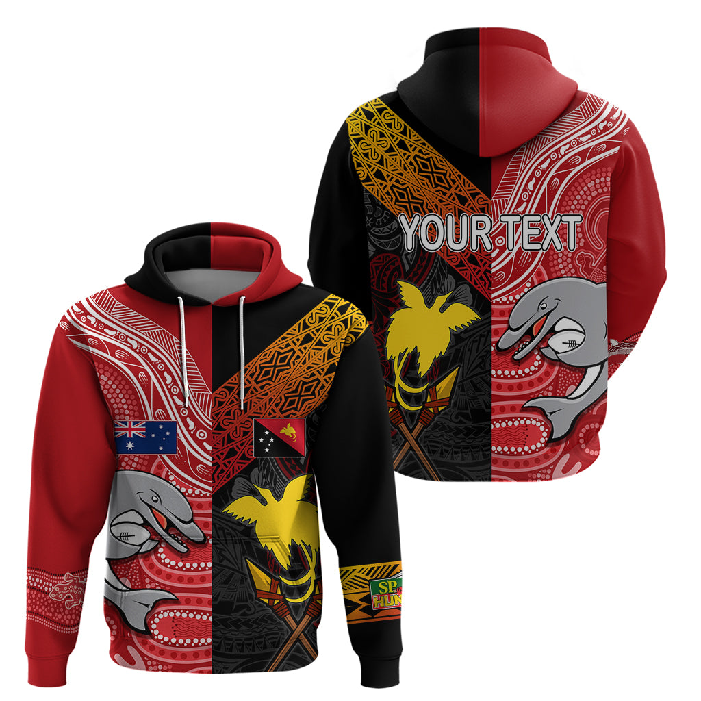 Personalised PNG Hunters Mix Aussie Dolphins Rugby Hoodie Motu and Aboriginal Half-Half LT7 - Vibe Hoodie Shop